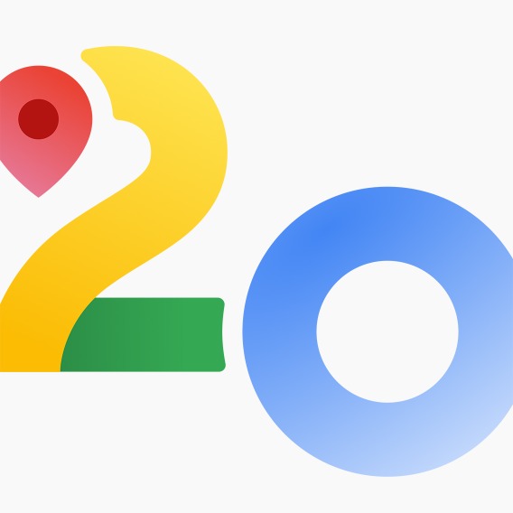 The Google Maps logo is transformed into the number 20 with the colors red, yellow, green and blue.