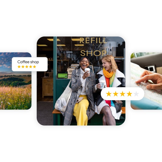 In the middle of the image, two women walk out of a coffee shop while laughing. Two pop up bubbles say 